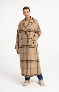 YAYA - Wool Blend Checked Coat in Cornstalk Brown Dessin