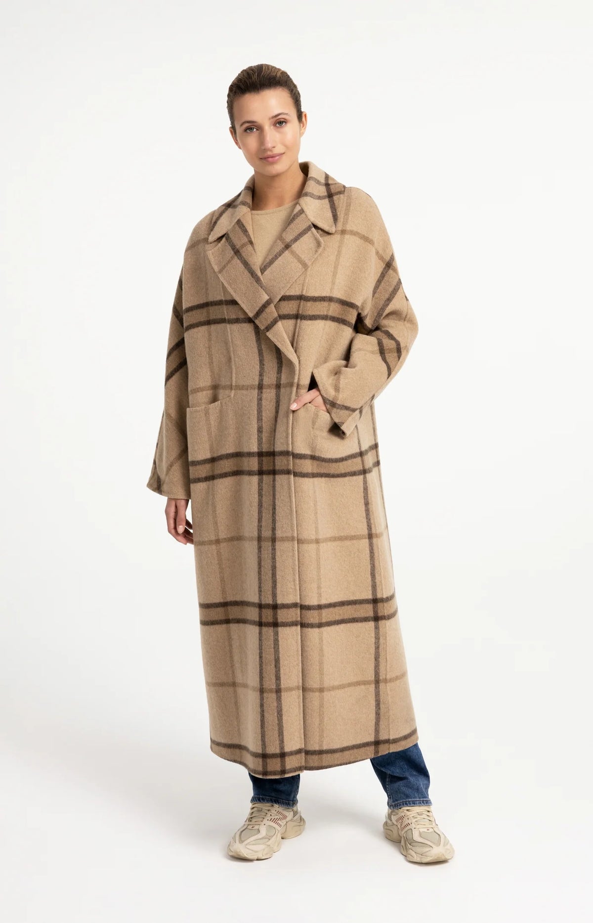 YAYA - Wool Blend Checked Coat in Cornstalk Brown Dessin