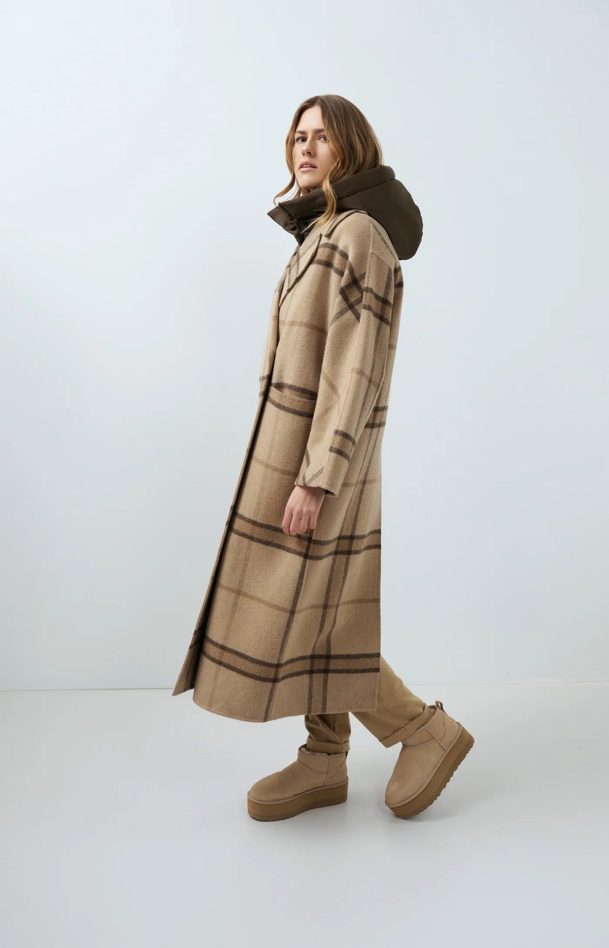YAYA - Wool Blend Checked Coat in Cornstalk Brown Dessin