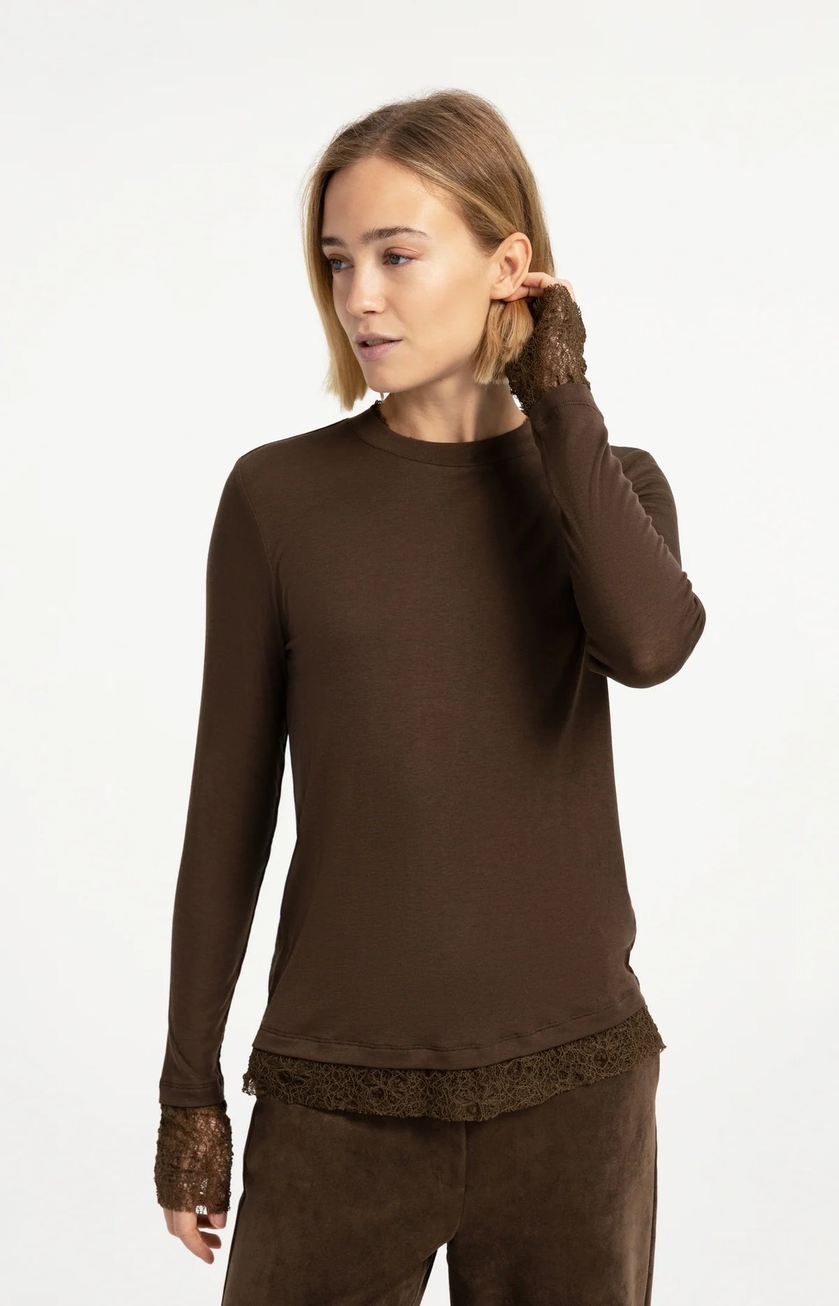 YAYA - Long Sleeve Top with Lace in Slate Black Brown