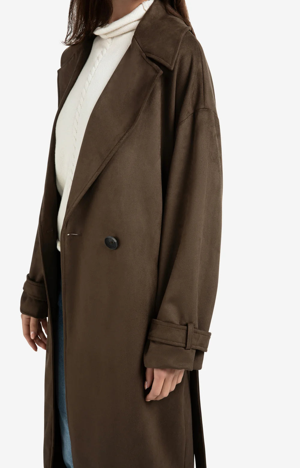 YAYA - Long Suedine Coat with Belt in Brown