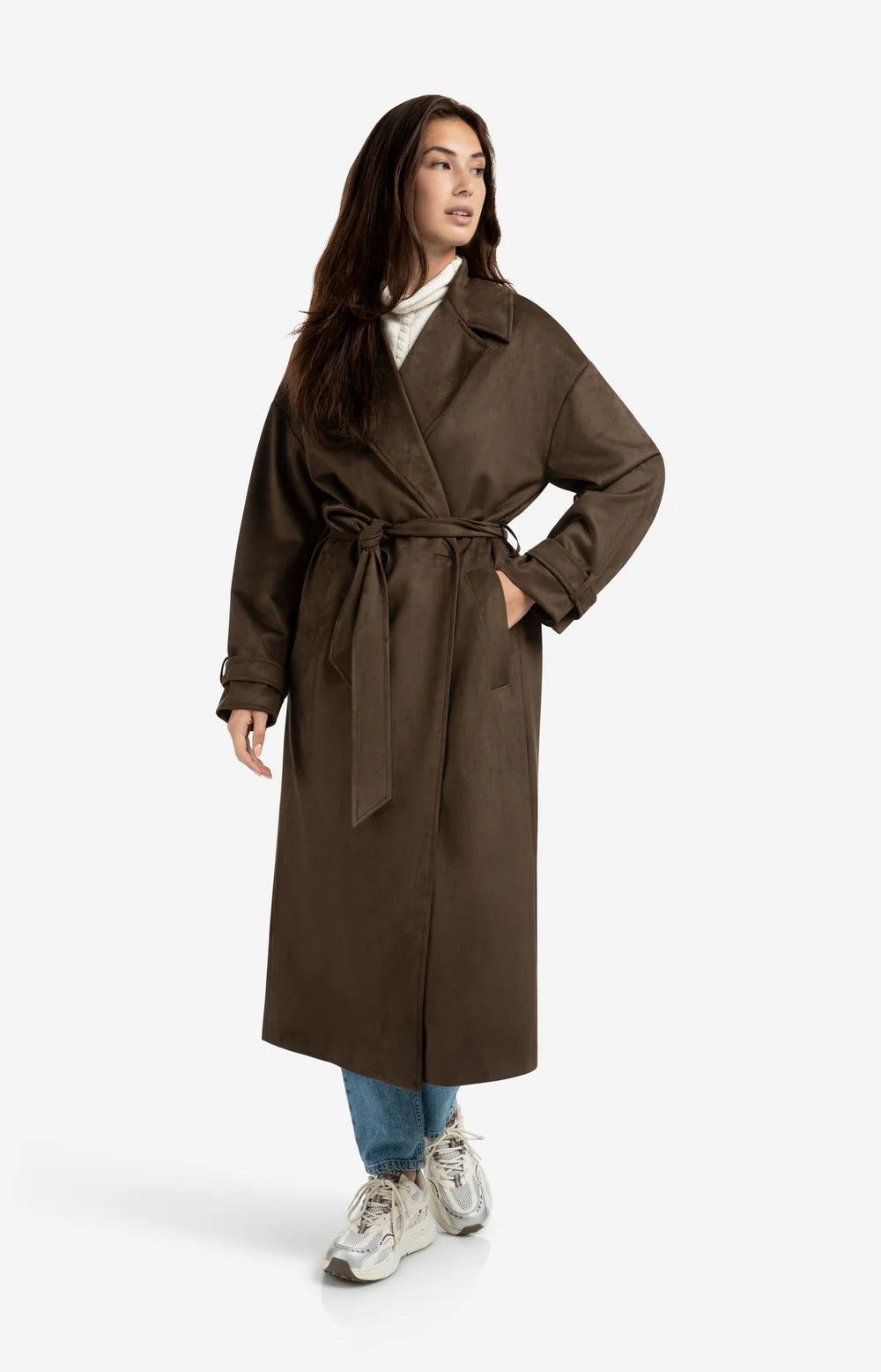 YAYA - Long Suedine Coat with Belt in Brown