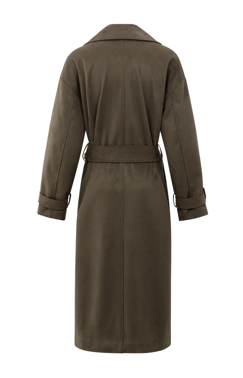 YAYA - Long Suedine Coat with Belt in Brown
