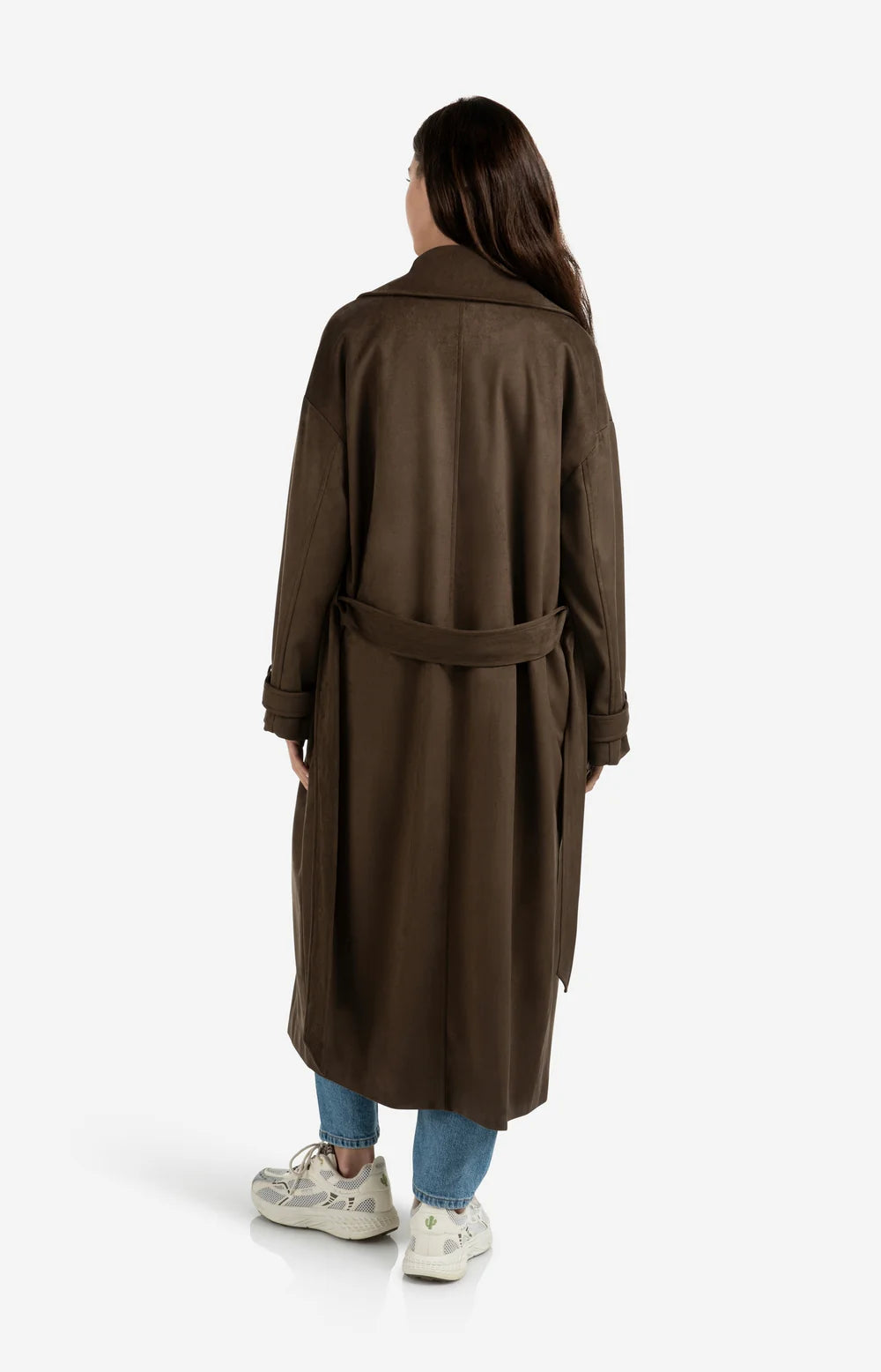 YAYA - Long Suedine Coat with Belt in Brown