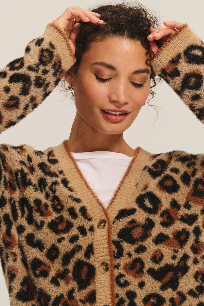 Velvet - Betsy - Novelty Feather Jacquard Cardigan in Leopard