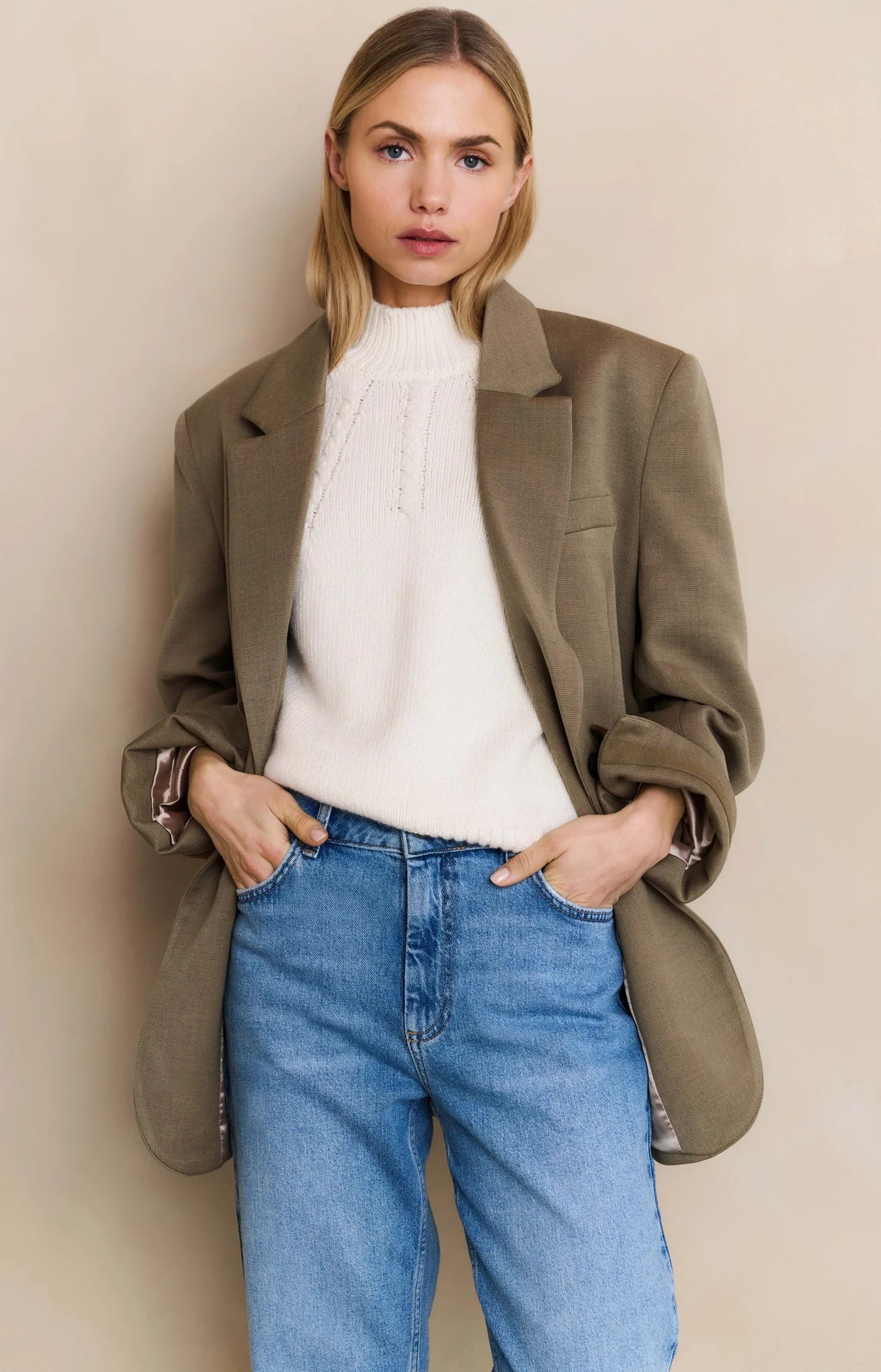 YAYA - Oversized Blazer with Sleeve Tape Detail in Capers Melange