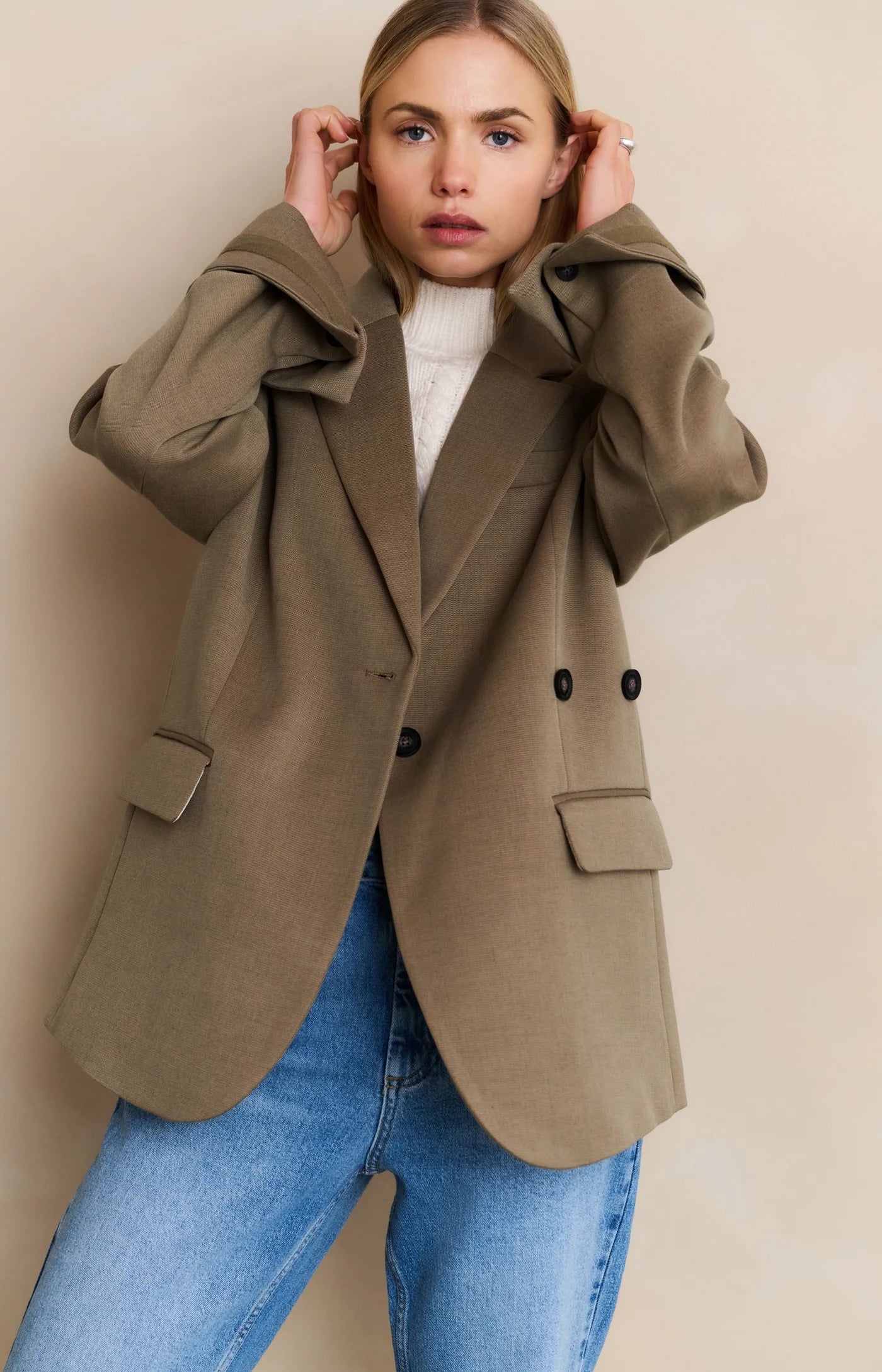 YAYA - Oversized Blazer with Sleeve Tape Detail in Capers Melange