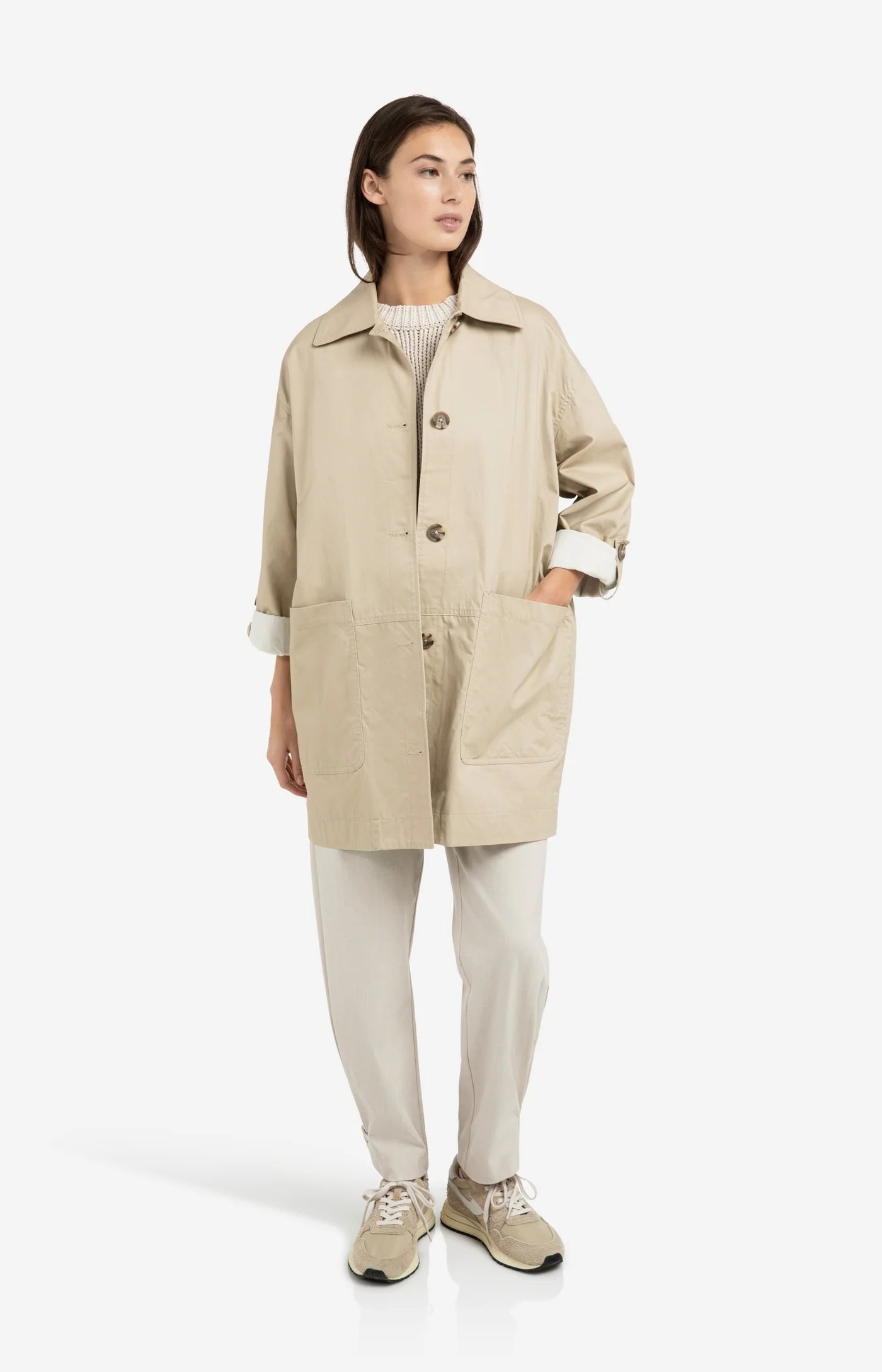 YAYA - Oversized Cotton Mid Length Jacket in Sandstone Beige