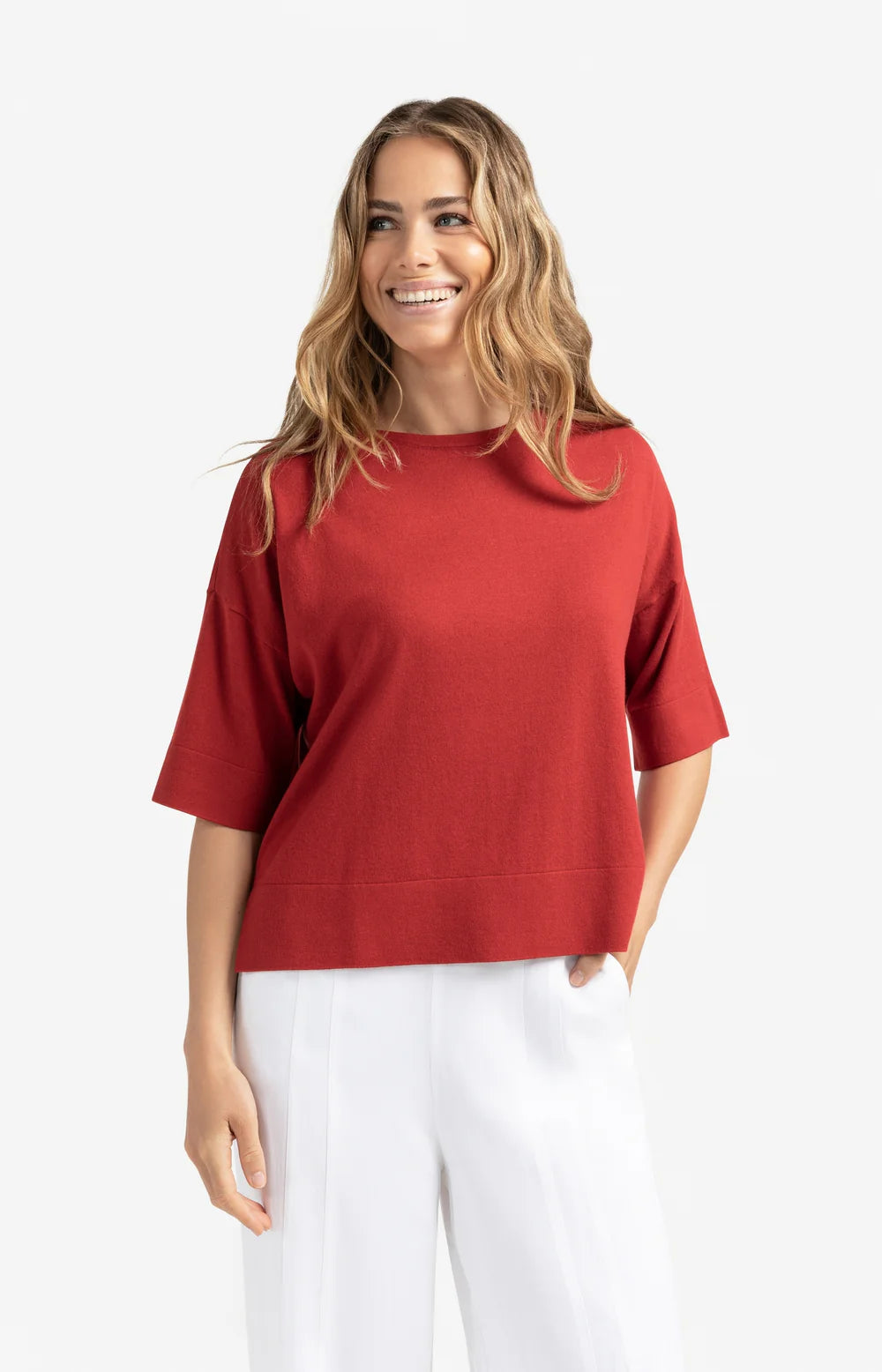 YAYA - Oversized fine knitted T-shirt in Scarlet Sage Red