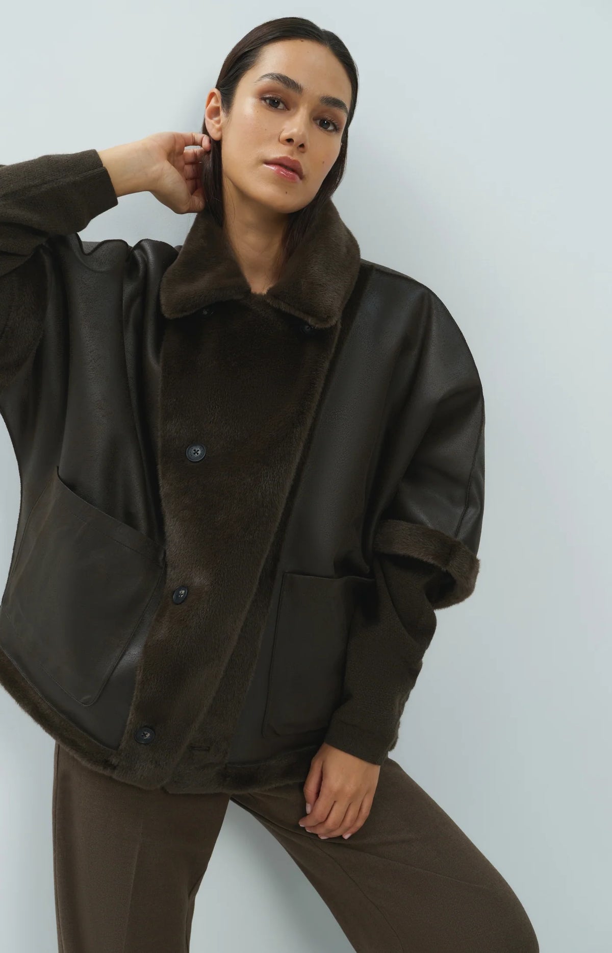 YAYA - Oversized Reversible Faux Fur Jacket in Delicioso Brown