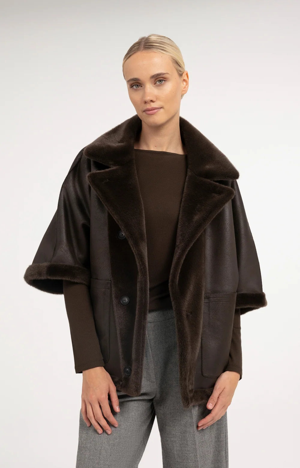 YAYA - Oversized Reversible Faux Fur Jacket in Delicioso Brown
