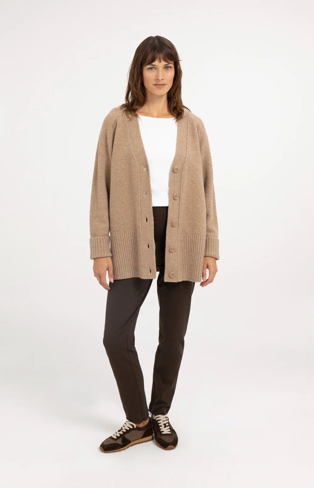YAYA - Oversized Rib-Knit Cardigan in Dark Beige Melange