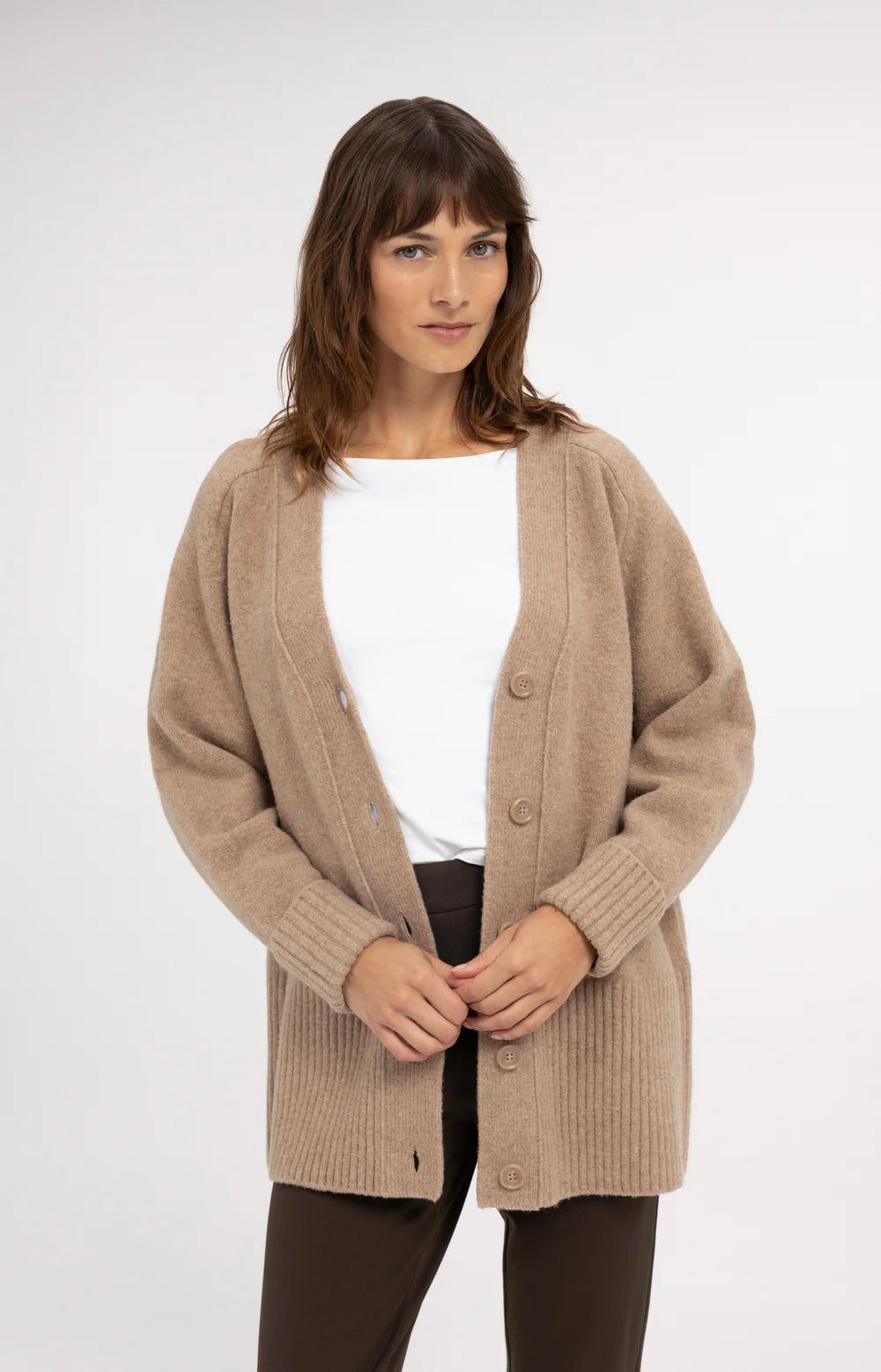 YAYA - Oversized Rib-Knit Cardigan in Dark Beige Melange