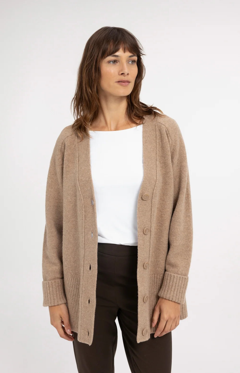 YAYA - Oversized Rib-Knit Cardigan in Dark Beige Melange