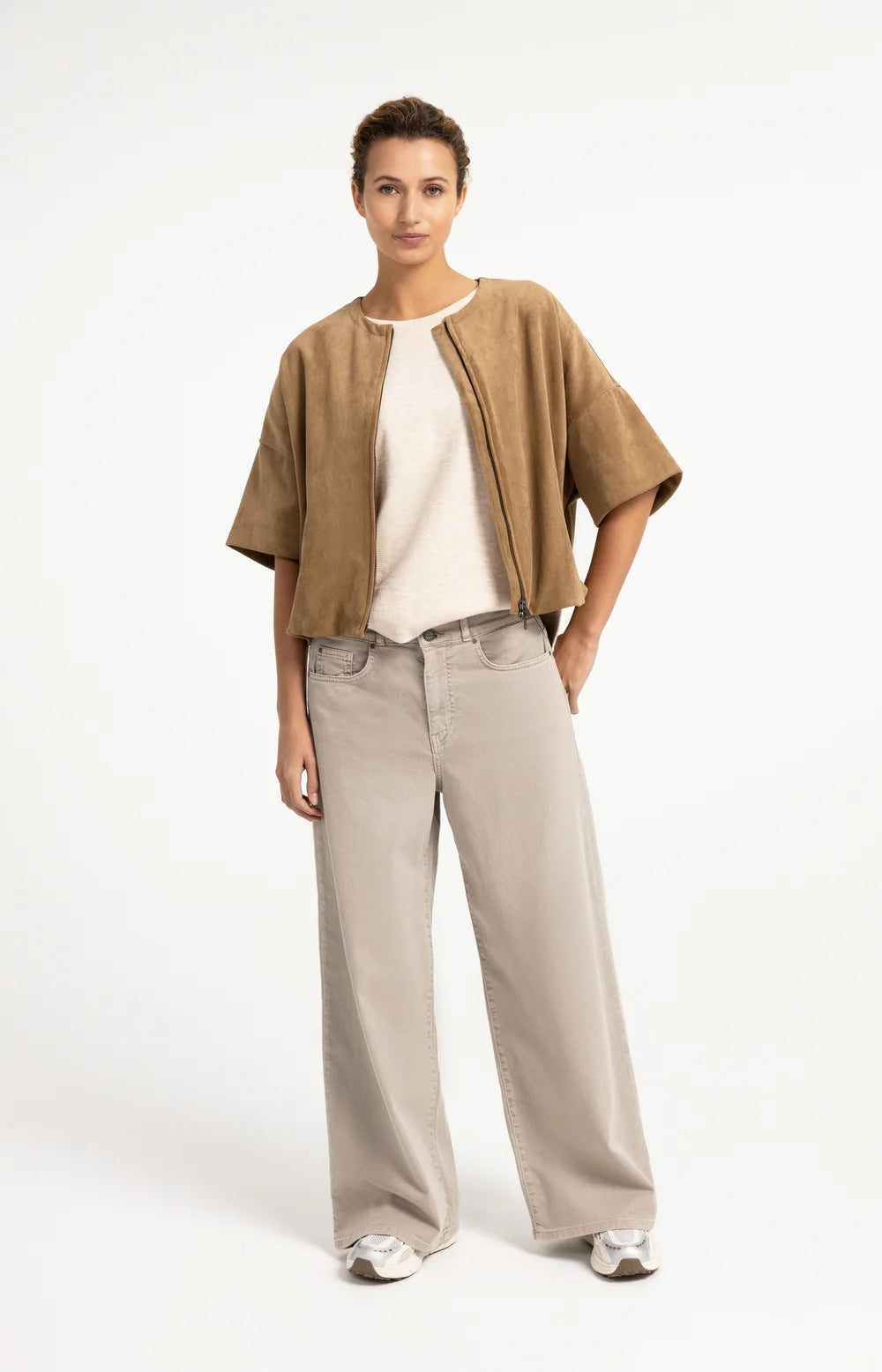YAYA - Oversized Short sleeve suedine jacket with balloon bottom hem - Otter Brown