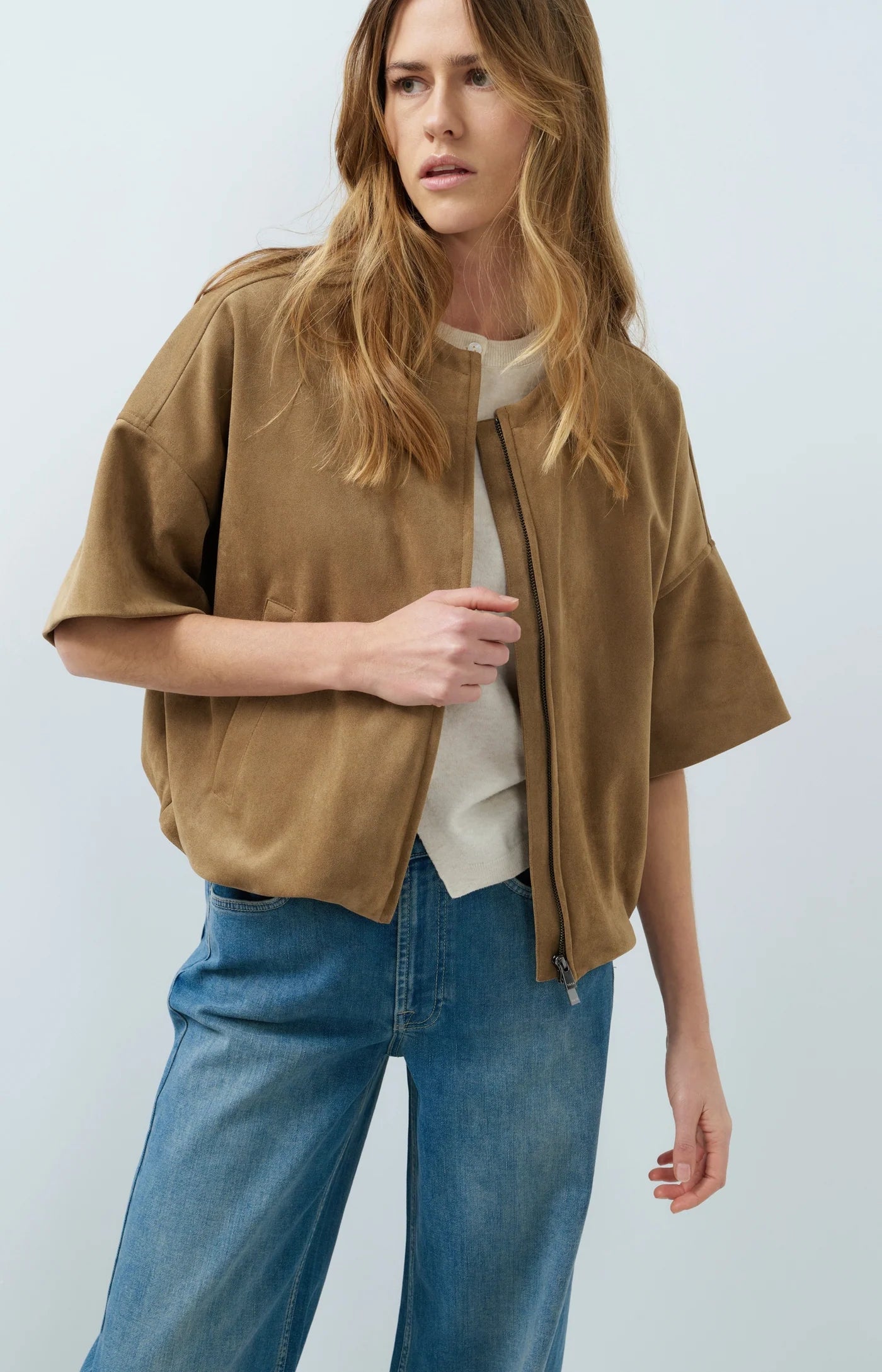 YAYA - Oversized Short sleeve suedine jacket with balloon bottom hem - Otter Brown