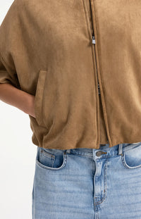 YAYA - Oversized Short sleeve suedine jacket with balloon bottom hem - Otter Brown