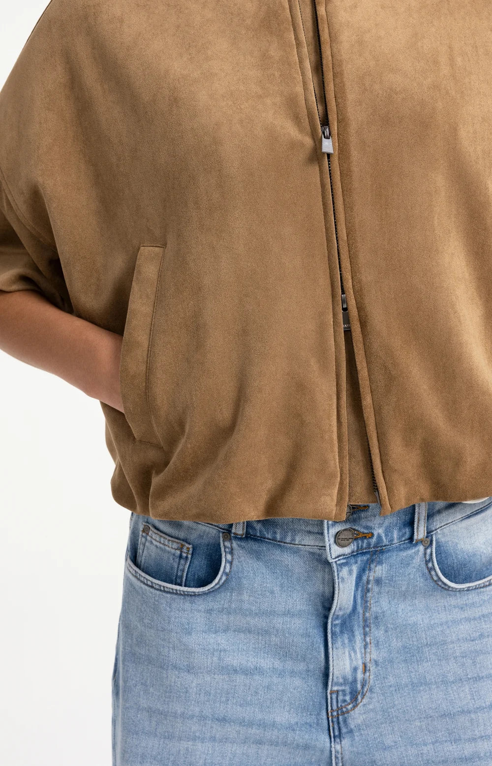 YAYA - Oversized Short sleeve suedine jacket with balloon bottom hem - Otter Brown