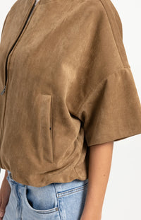 YAYA - Oversized Short sleeve suedine jacket with balloon bottom hem - Otter Brown