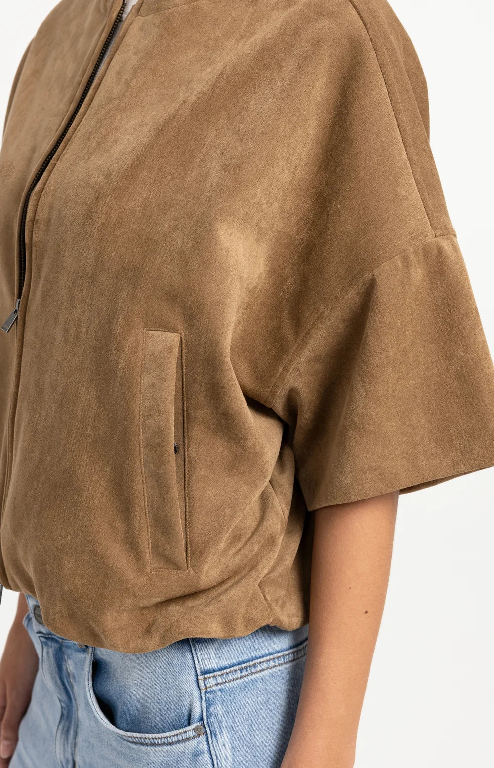 YAYA - Oversized Short sleeve suedine jacket with balloon bottom hem - Otter Brown