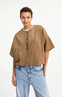 YAYA - Oversized Short sleeve suedine jacket with balloon bottom hem - Otter Brown