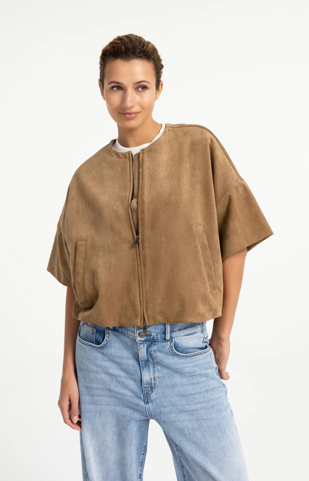 YAYA - Oversized Short sleeve suedine jacket with balloon bottom hem - Otter Brown