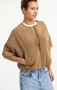 YAYA - Oversized Short sleeve suedine jacket with balloon bottom hem - Otter Brown