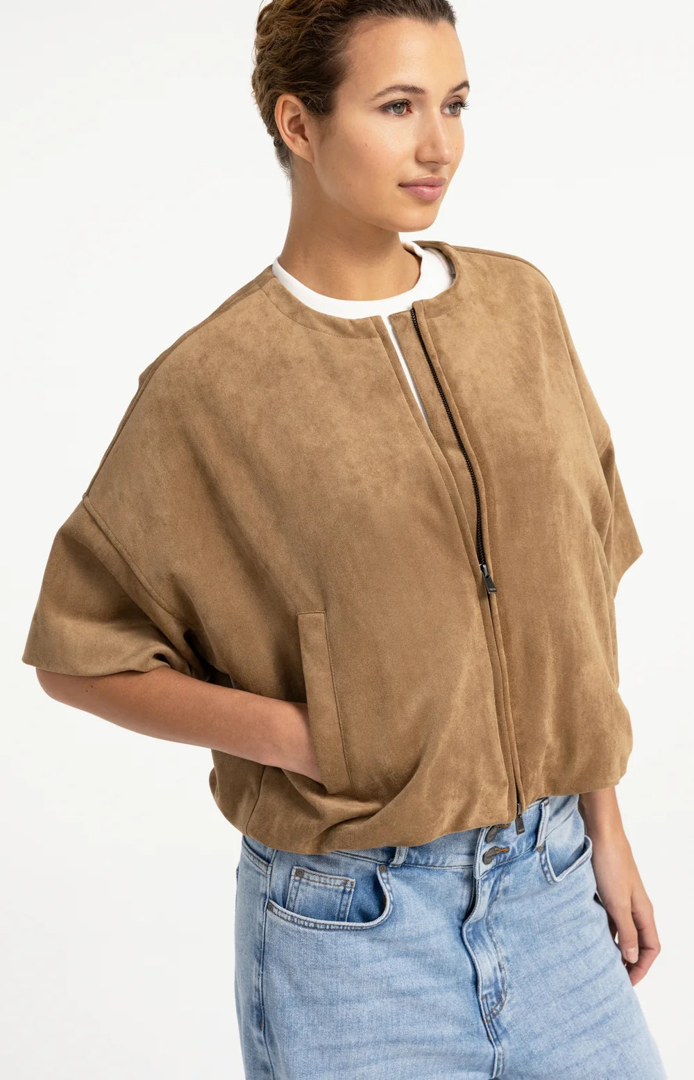 YAYA - Oversized Short sleeve suedine jacket with balloon bottom hem - Otter Brown