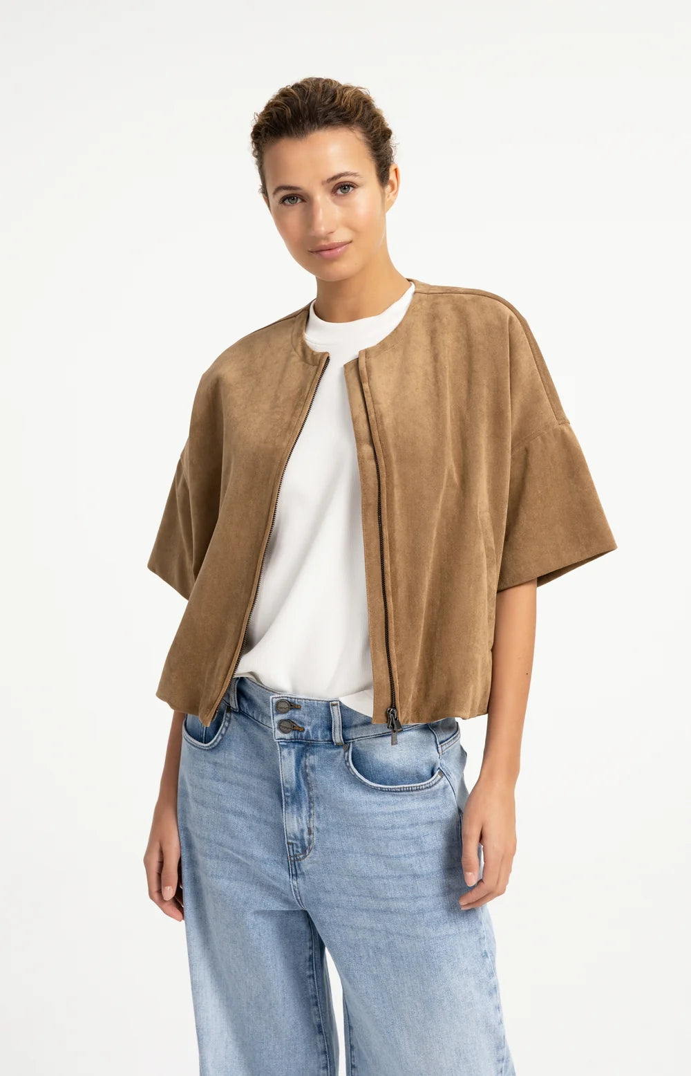 YAYA - Oversized Short sleeve suedine jacket with balloon bottom hem - Otter Brown