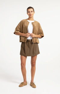YAYA - Oversized Short sleeve suedine jacket with balloon bottom hem - Otter Brown