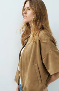 YAYA - Oversized Short sleeve suedine jacket with balloon bottom hem - Otter Brown