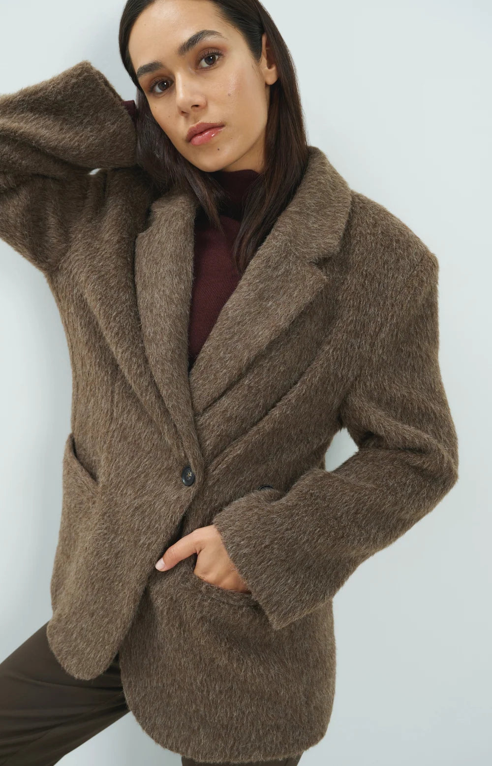 YAYA - Wool Mix Oversized Blazer Jacket with Fancy Closure Detail in Cocoa Brown