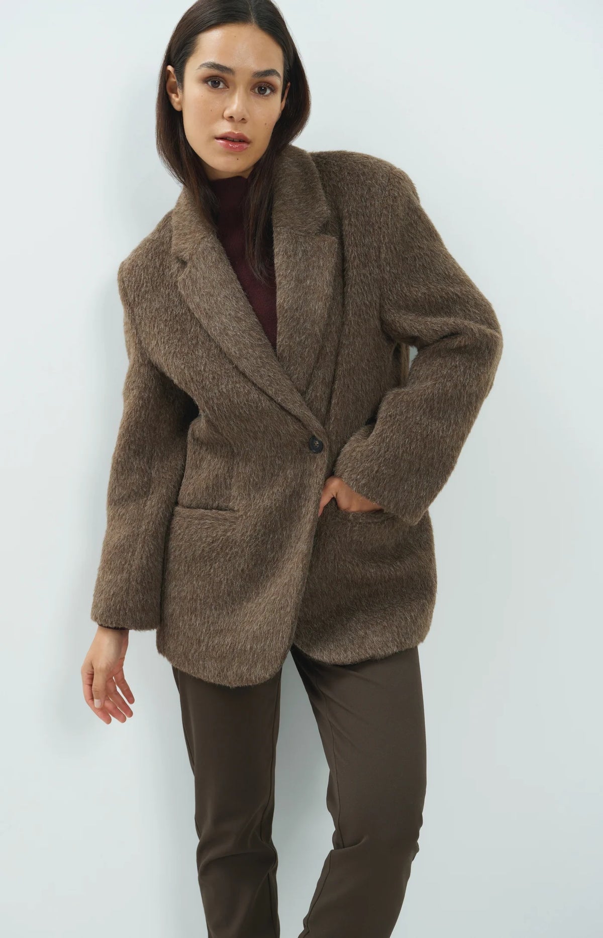YAYA - Wool Mix Oversized Blazer Jacket with Fancy Closure Detail in Cocoa Brown