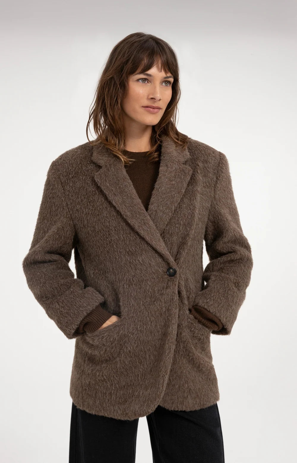 YAYA - Wool Mix Oversized Blazer Jacket with Fancy Closure Detail in Cocoa Brown