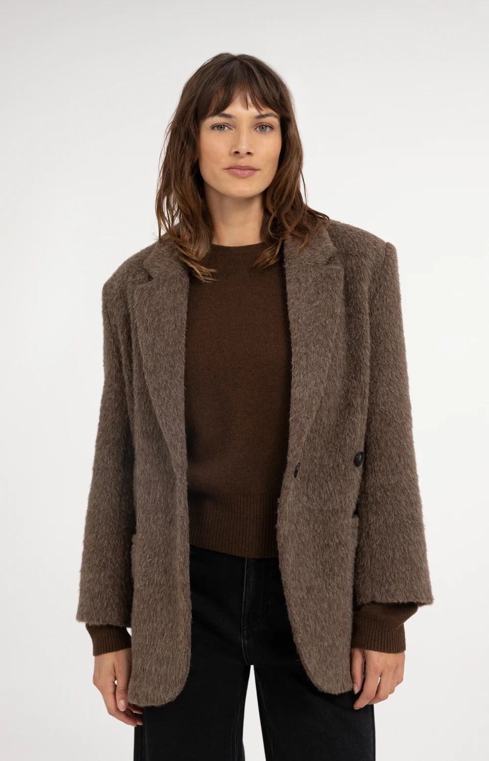 YAYA - Wool Mix Oversized Blazer Jacket with Fancy Closure Detail in Cocoa Brown