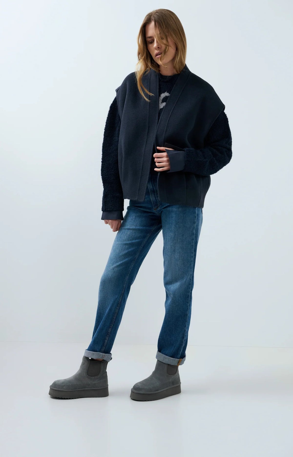 YAYA - Oversized Wool Blend Bodywarmer in Cat Black Melange