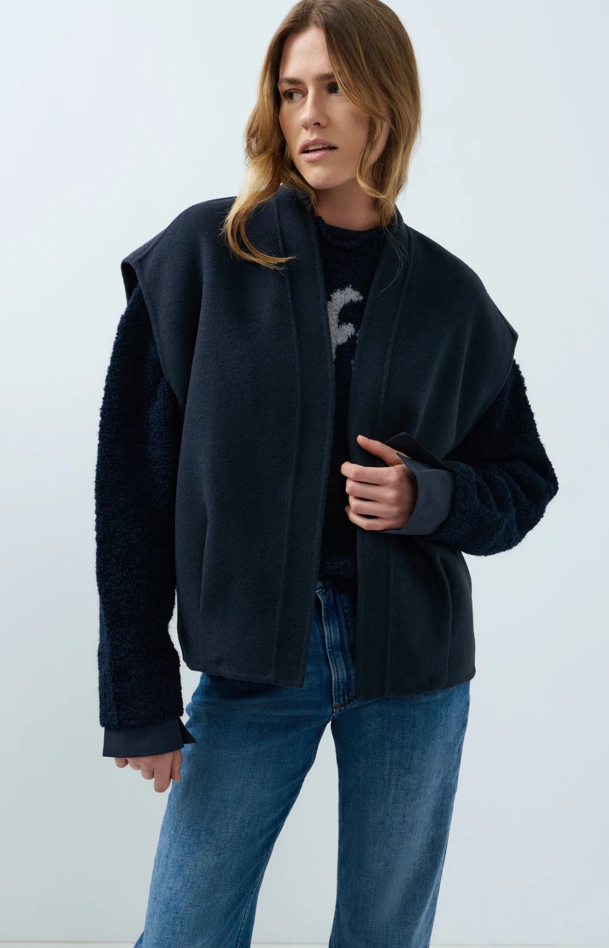 YAYA - Oversized Wool Blend Bodywarmer in Cat Black Melange