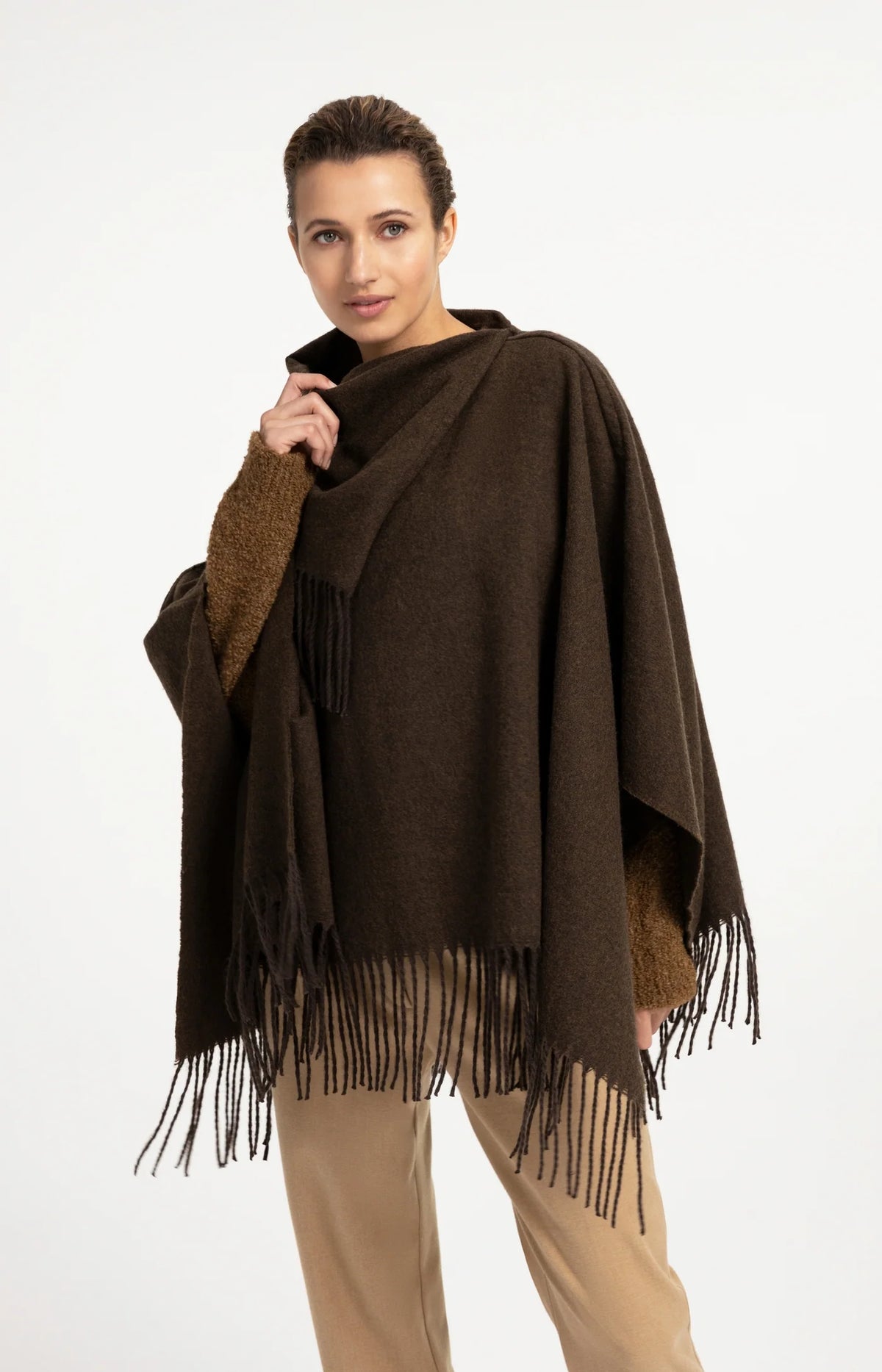 YAYA - Poncho with Fringes in Slate Black Brown
