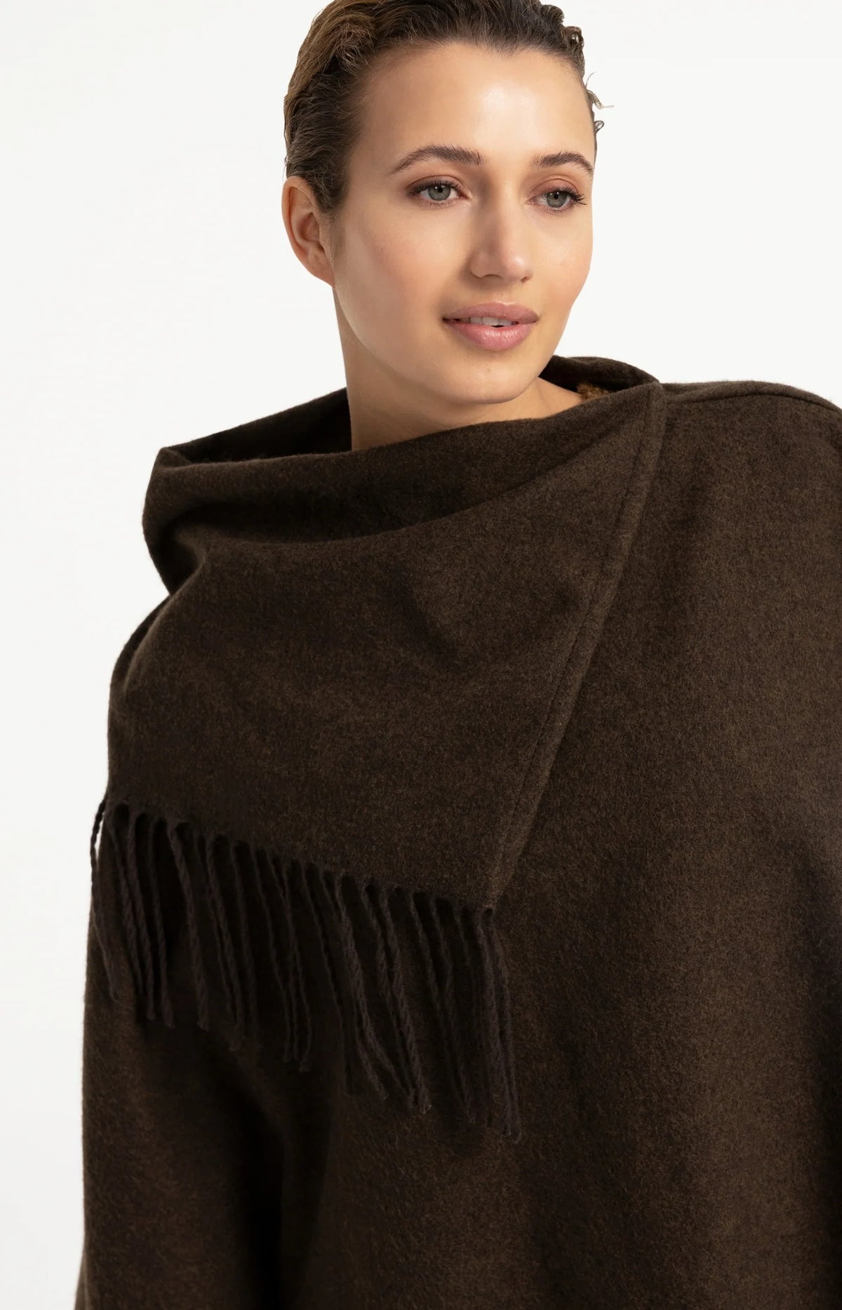YAYA - Poncho with Fringes in Slate Black Brown