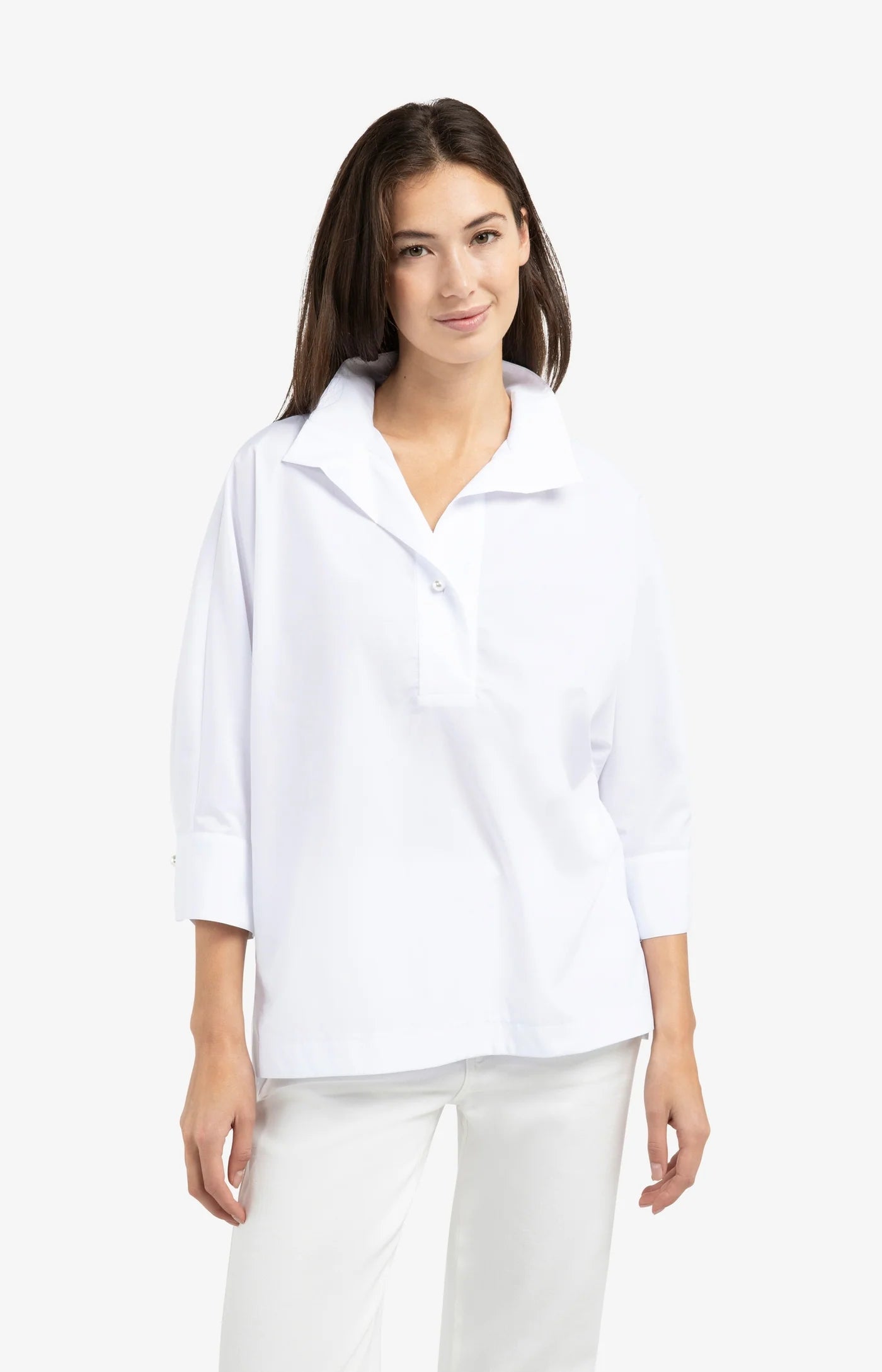 YAYA - Polo Collar Poplin Shirt in Pure White