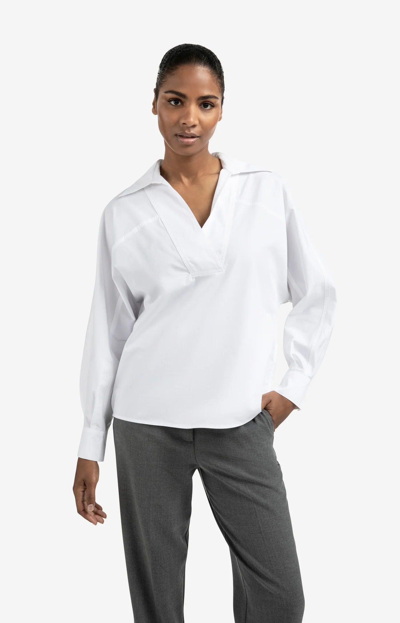 YAYA - Poplin Blouse with Polo Collar in Pure White
