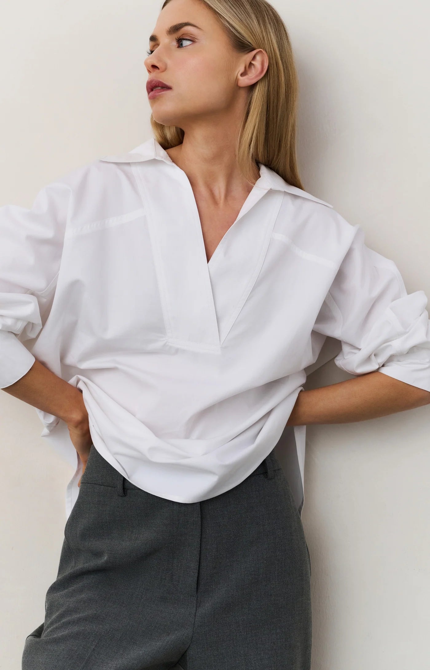 YAYA - Poplin Blouse with Polo Collar in Pure White