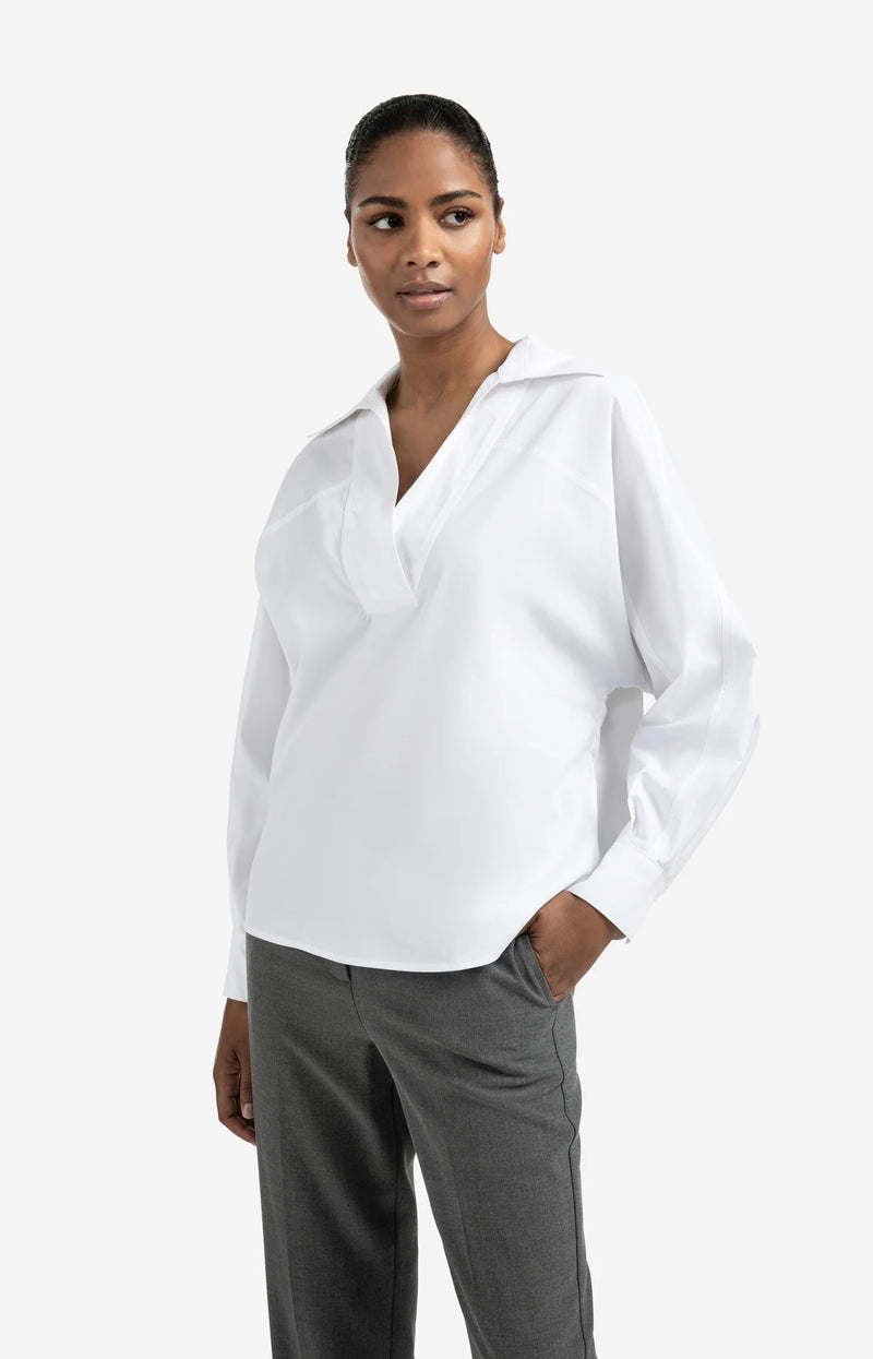 YAYA - Poplin Blouse with Polo Collar in Pure White