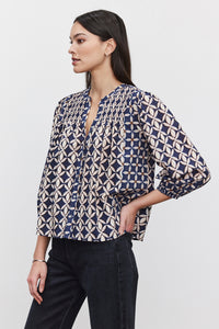 Velvet - Haddon - Printed Cotton Cambric Top in Navy