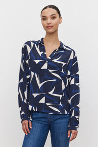 Velvet - Carah - Printed Royal Crepe Top in Navy/Ecru