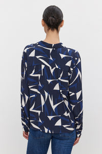 Velvet - Carah - Printed Royal Crepe Top in Navy/Ecru