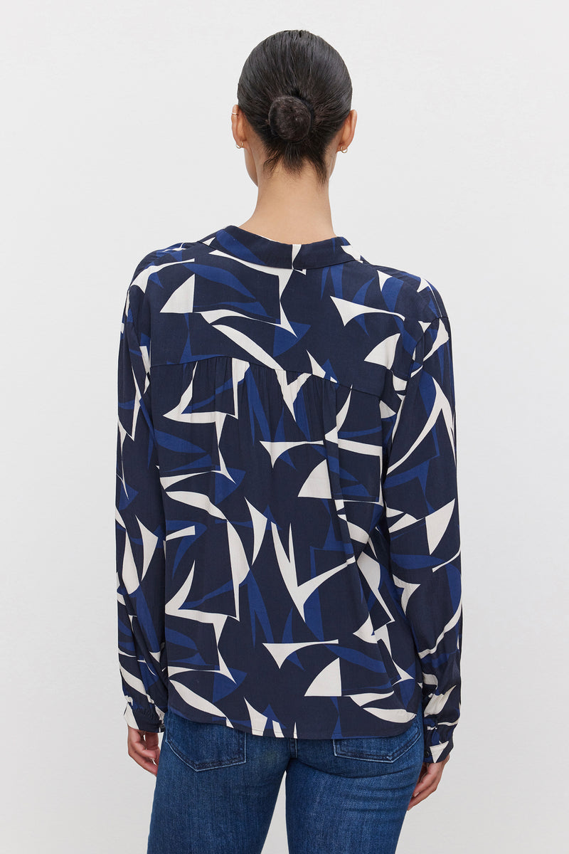 Velvet - Carah - Printed Royal Crepe Top in Navy/Ecru