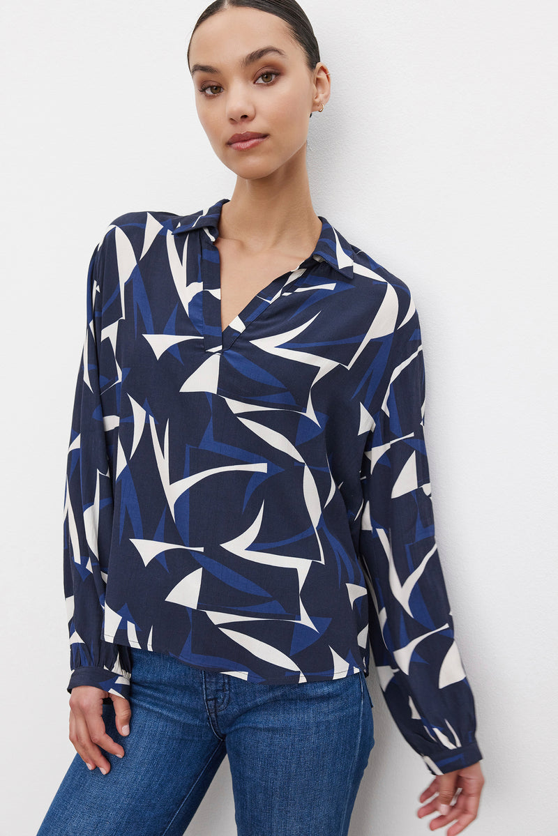 Velvet - Carah - Printed Royal Crepe Top in Navy/Ecru