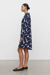 Velvet - Dacey - Printed Royal Crepe Dress in Navy/Ecru