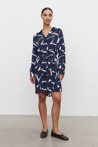 Velvet - Dacey - Printed Royal Crepe Dress in Navy/Ecru